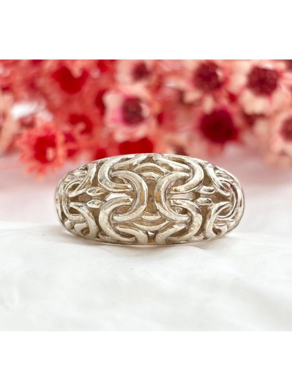 Byzantine Link Domed Cutout Maximalist Sterling Silver 925 Vintage Ring sz 9.75